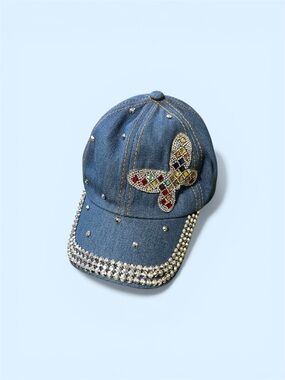 Kids Denim Butterfly Rhinestone Baseball Cap - Blue | Bedazzled Sparkle Hat